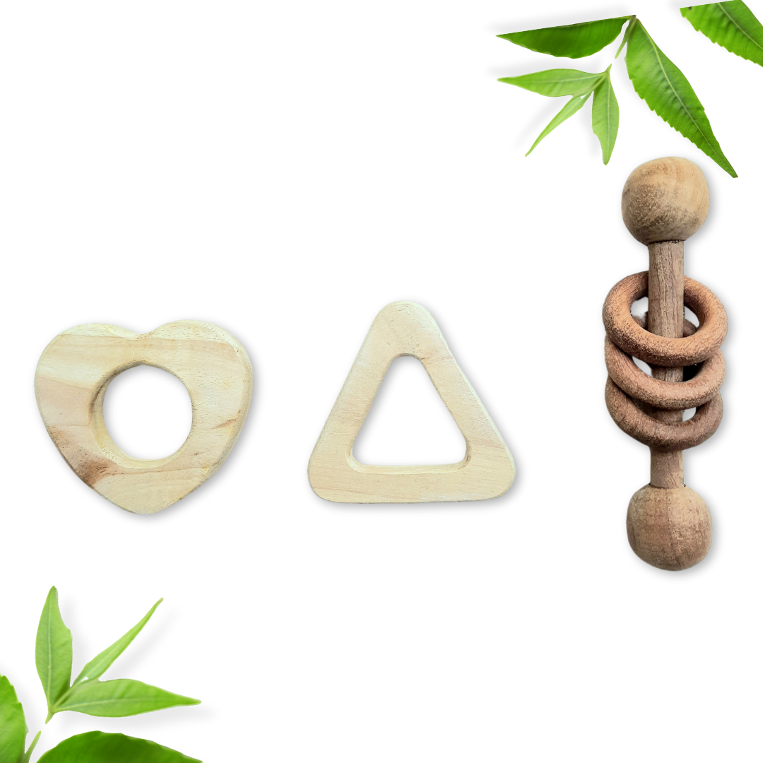 Neem Wood Heart, Triangle Shaped Teethers and Dumbbell with Ring Rattle