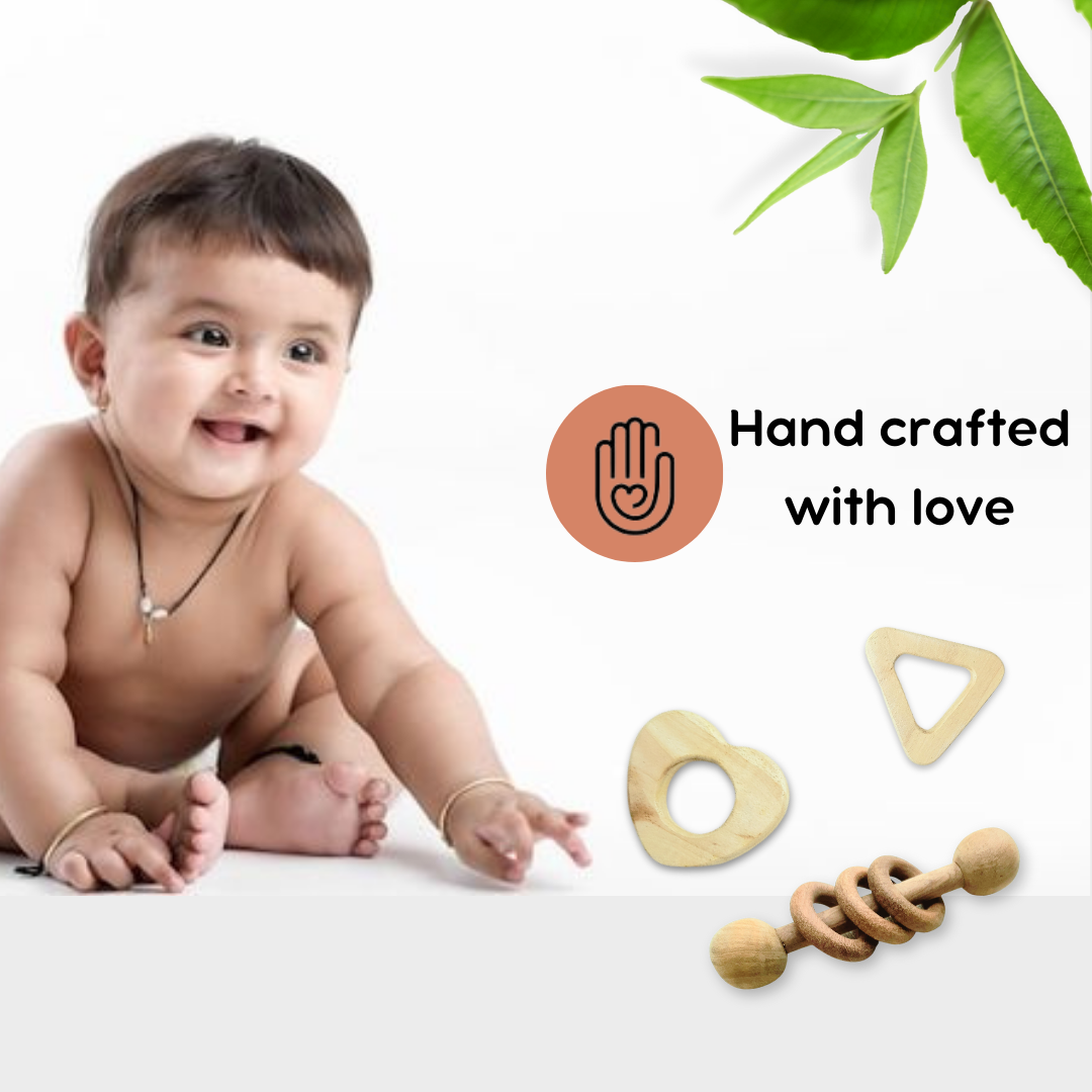 Neem Wood Heart, Triangle Shaped Teethers and Dumbbell with Ring Rattle