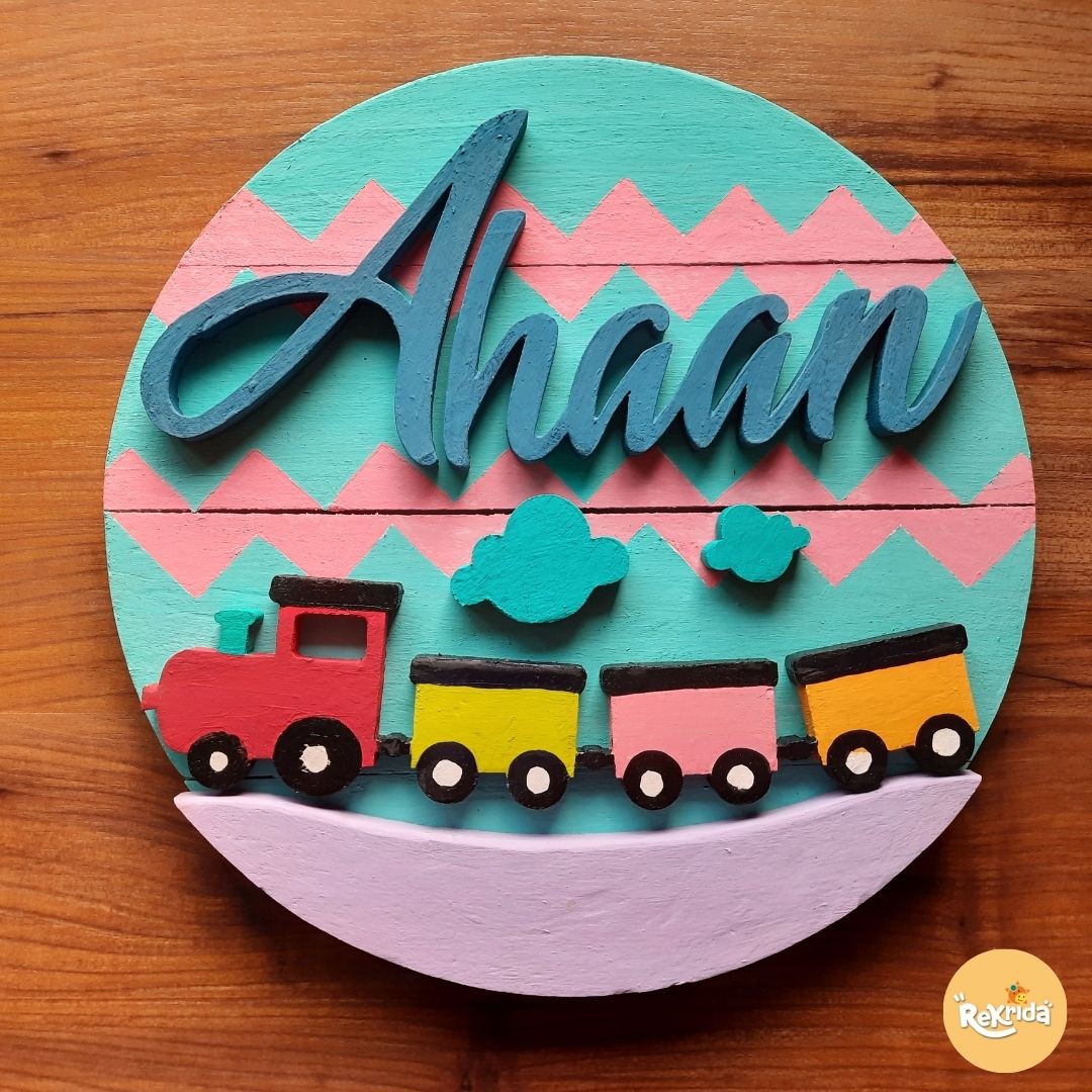 Hand Painted Personalized Train Themed Circular Wooden Nameplate