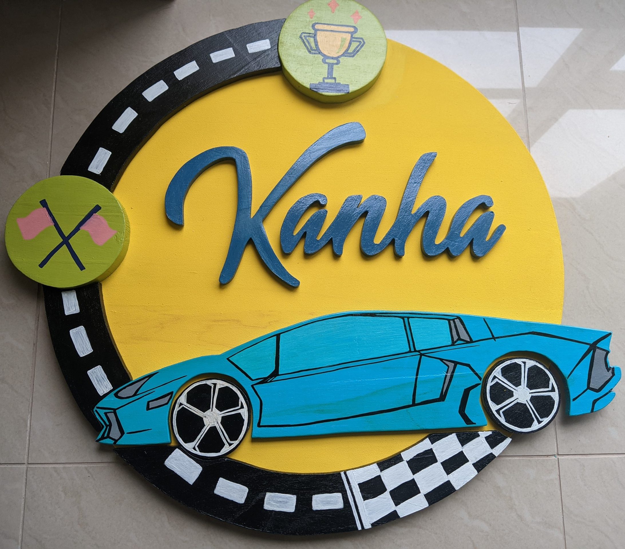 Hand Painted Personalized Racing Car Themed Circular Wooden Nameplate