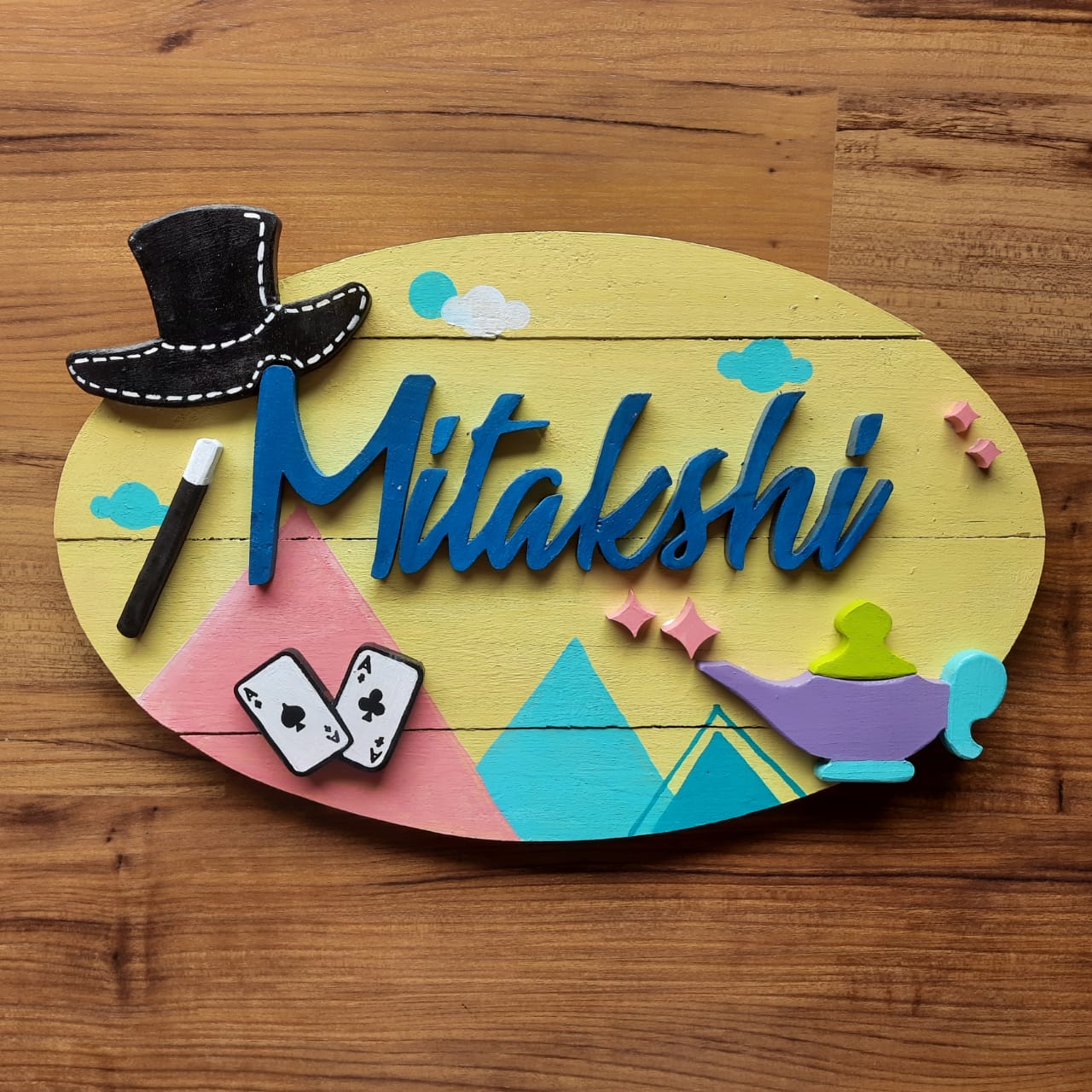 Hand Painted Personalized Magician Themed Oval Wooden Nameplate