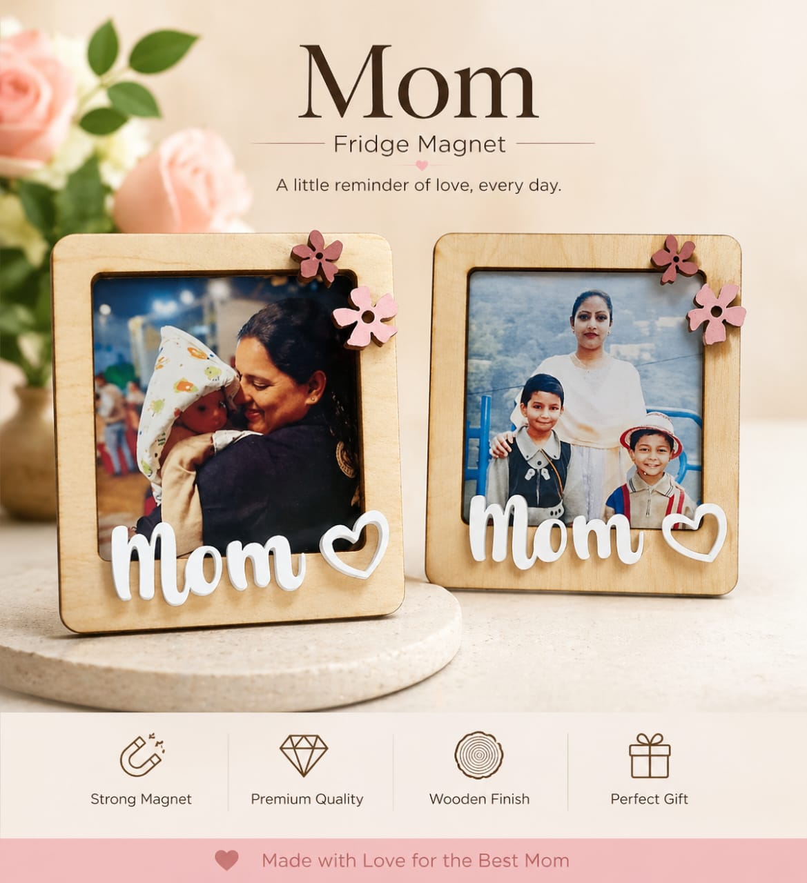 Photo Personalized Mom Theme Birch Wood Fridge Magnet