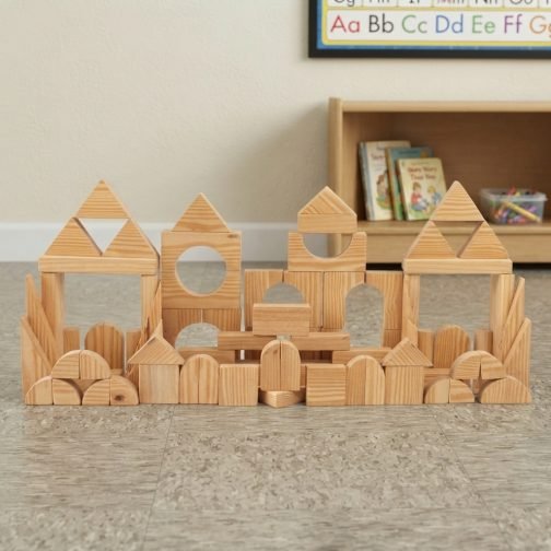 Wooden pieces for imaginative play with natural geometric shapes for children's creative building