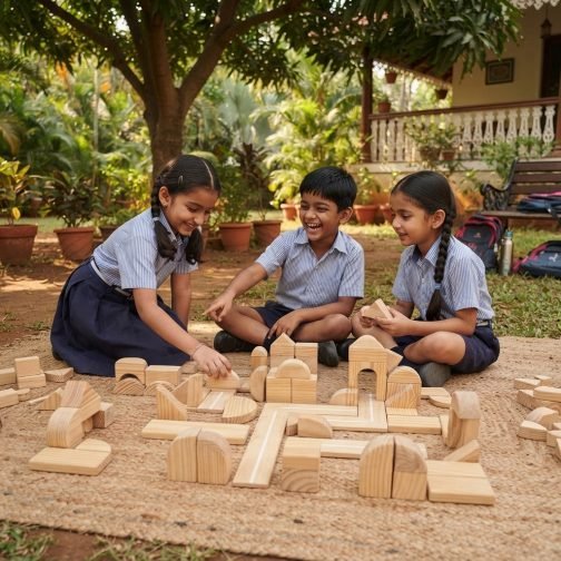 Wooden pieces for imaginative play with natural geometric shapes for children's creative building