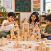 Wooden pieces for imaginative play with natural geometric shapes for children's creative building