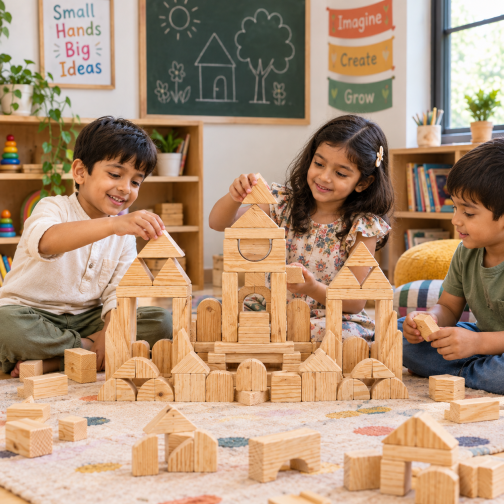 Wooden pieces for imaginative play with natural geometric shapes for children's creative building