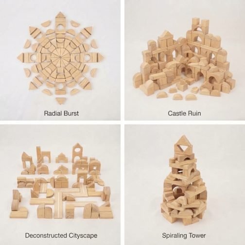 Wooden pieces for imaginative play with natural geometric shapes for children's creative building