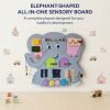 Elephant shaped wooden sensory board with interactive fine motor activities