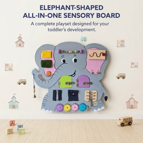 Elephant shaped wooden sensory board with interactive fine motor activities
