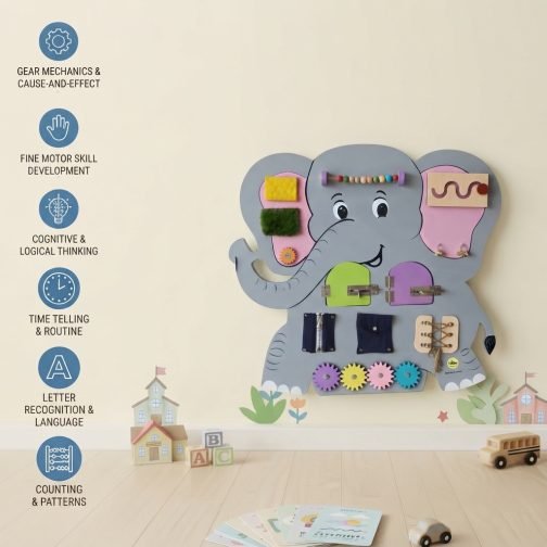 Elephant shaped wooden sensory board with interactive fine motor activities