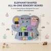 Elephant shaped wooden sensory board with interactive fine motor activities