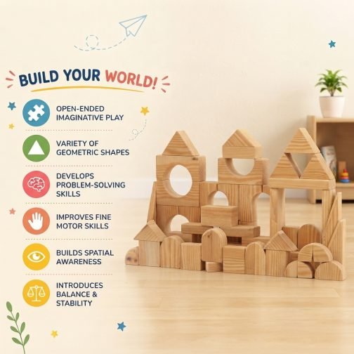 Wooden pieces for imaginative play with natural geometric shapes for children's creative building