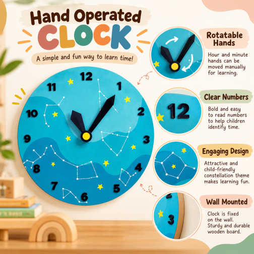 Montessori Wooden Hand Operated Clock Sensory Board for Preschool Time Learning