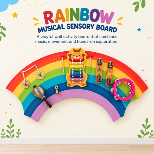 Montessori Rainbow Shaped Wooden Musical Sensory Board with Interactive Musical Instruments for Preschool Children